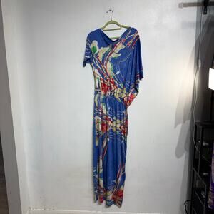 Kanvas Abstract Print One Shoulder Maxi Dress Blue Draped Boho Y2K Sz L